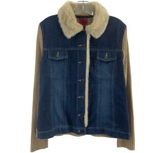 By Design Sport Y2K Blue Denim Tan Ribbed Knit Cotton Jacket Women's L Preowned